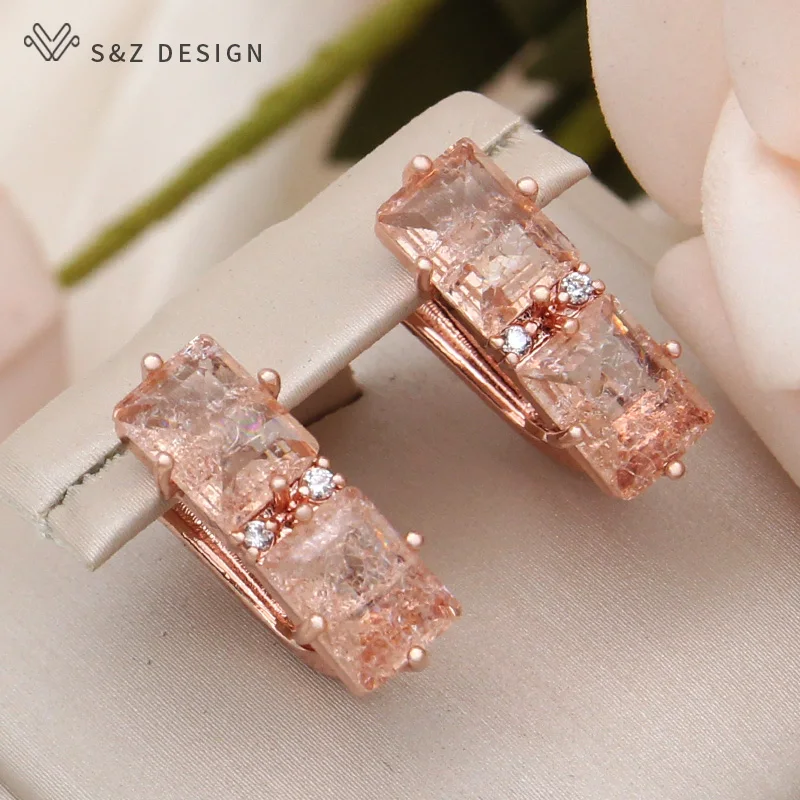 S&Z DESIGN New Fashion 585 Rose Gold Color Rectangle Ice Crack Crystal Drop Earring For Women Wedding Cubic Zirconia Jewelry