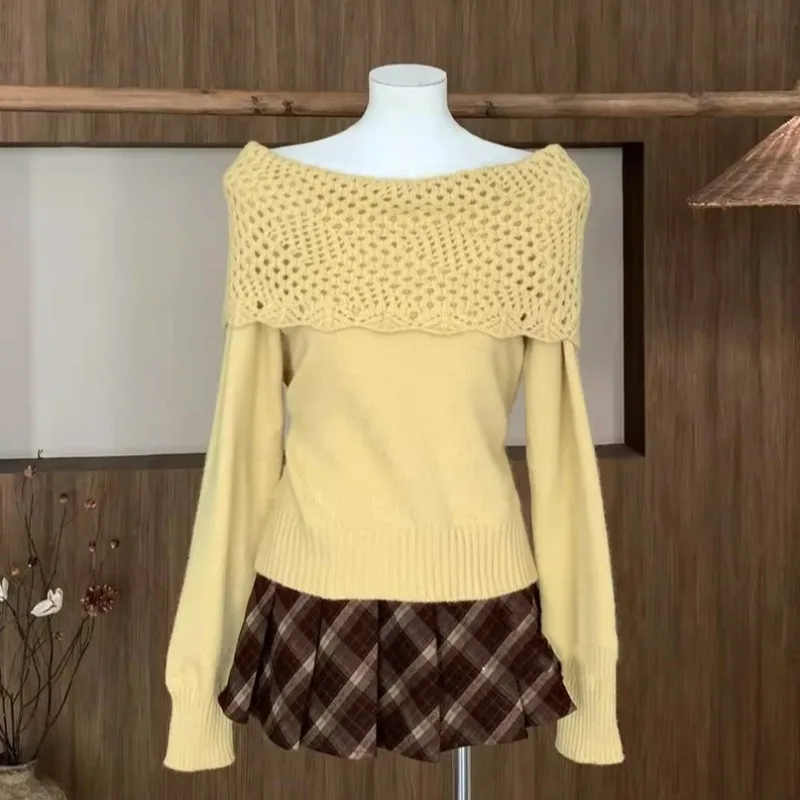 New Women's Off-shoulder One-word Shoulder Slim-fitting Long-sleeved Sweater Hollow Collar Solid Color Elegant Casual Knitwear