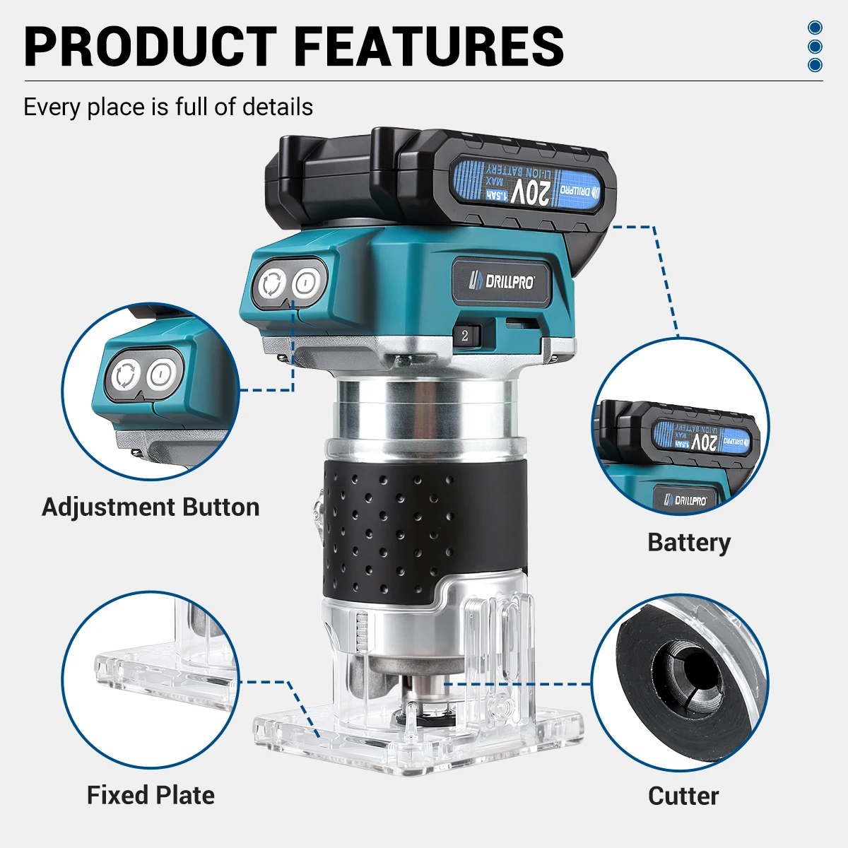 Drillpro 6.35mm 6 Speeds Electric Trimmer Cordless Wood Router Woodworking Engraving Slotting w/ 0/1/2 Battery for 18V