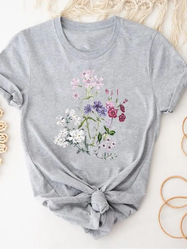Women Clothing Print Gray T Shirt Short Sleeve Summer Top Plant Flower Trend Fashion Clothes Basic Tee Graphic T-shirt