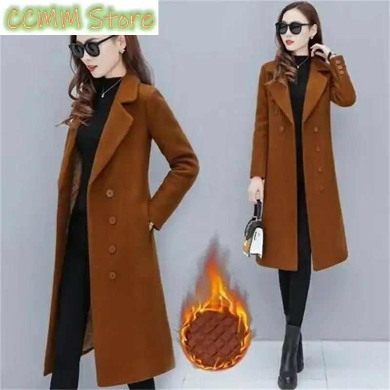New Female Woolen Coat Velvet Women Double-Breasted Woolen Coat Spring And Autumn Woolen Coat Fashion Suit Collar ThickTrench