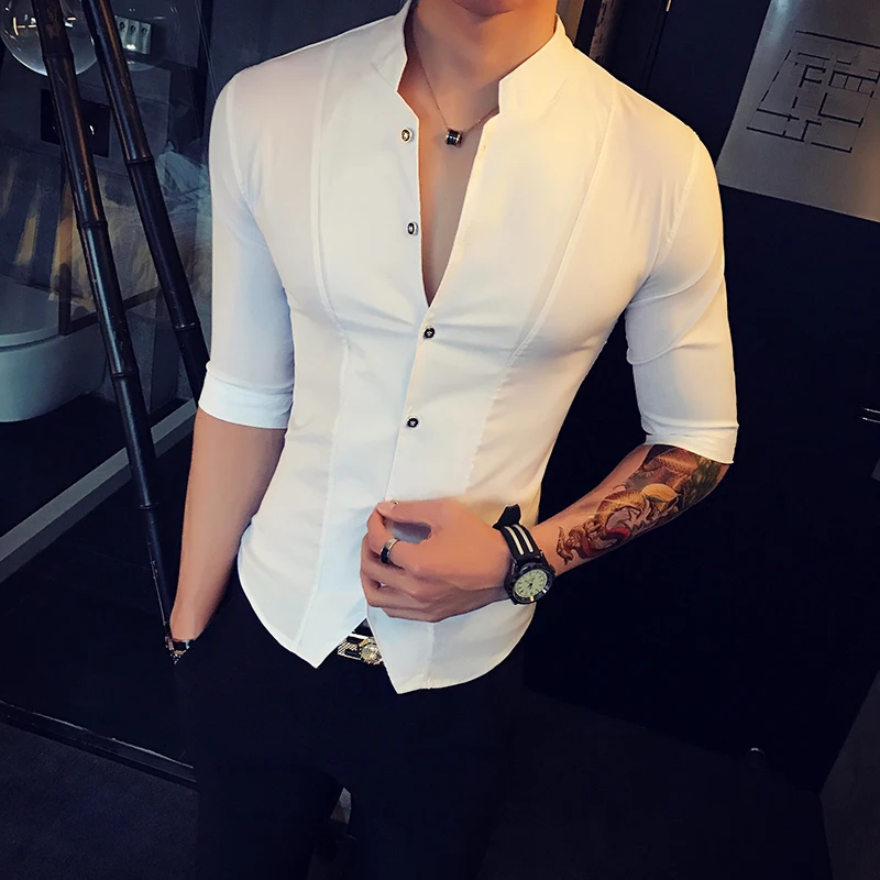 Men's Stand-up Collar Summer Short Sleeve Shirt cotton shirt