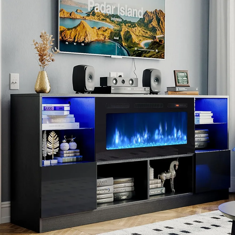 Fireplace TV Stand with 36” Electric Fireplace, 70” TV Console Stand for TVs Up to 80", LED Light Entertainment Center 2