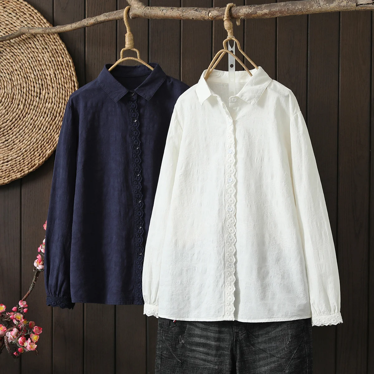 

Женские рубашки из 100% хлопчатобумажной пряжи в японском стиле, белые, темно-синие однотонные кружевные Дамские топы с длинным рукавом, мягкая Базовая рубашка, женская одежда
