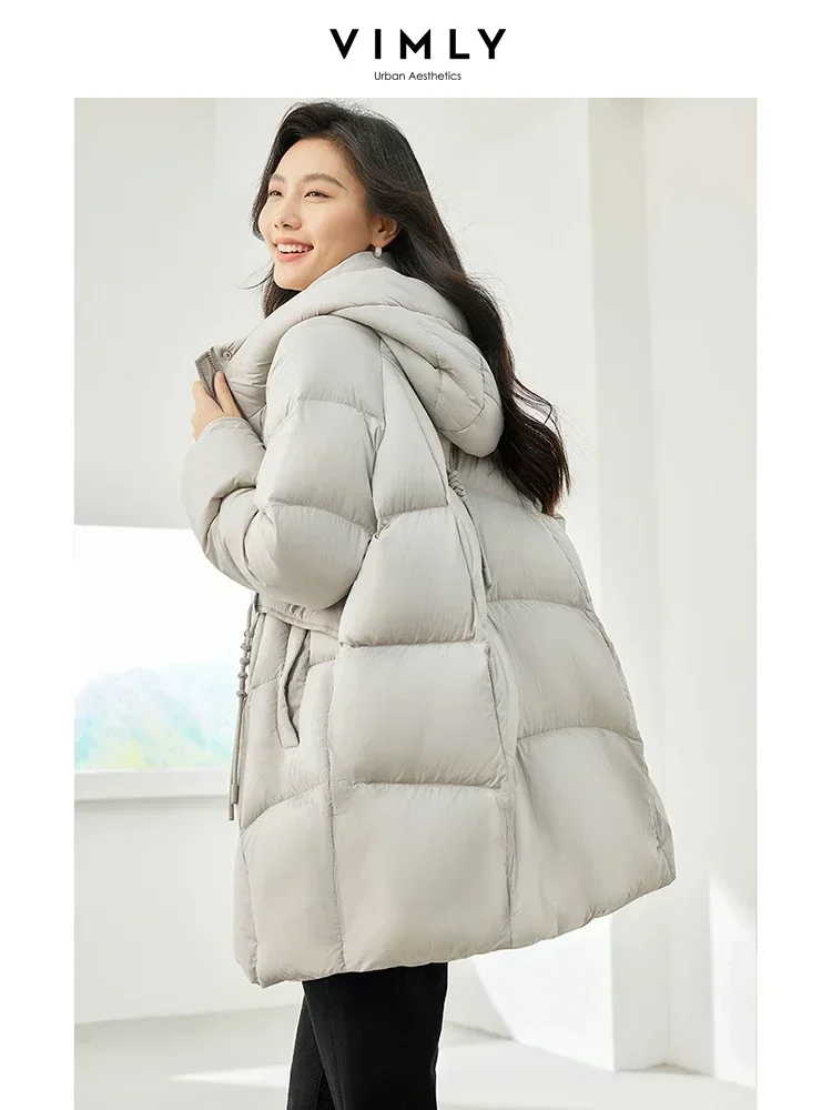Vimly Winter White Duck Down Puffer Jacket Women Grey Stand Collar Hooded Zipper Long Coat 2023 Thick Warm Outerwear Woman 50718