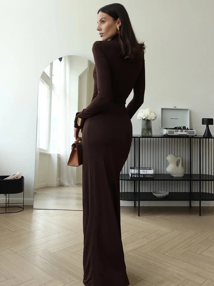 Turtleneck Thigh High Split Sexy Maxi Dress For Women Fashion Long Sleeve Draped Bandage Bodycon Club Long Dress 5