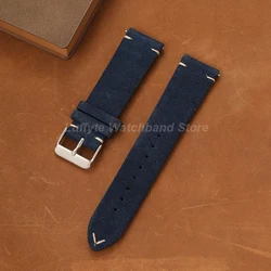 Premium Vintage Suede Leather Watch Strap - Quick Release, Handmade, High Quality Watchband - 22mm (Blue)