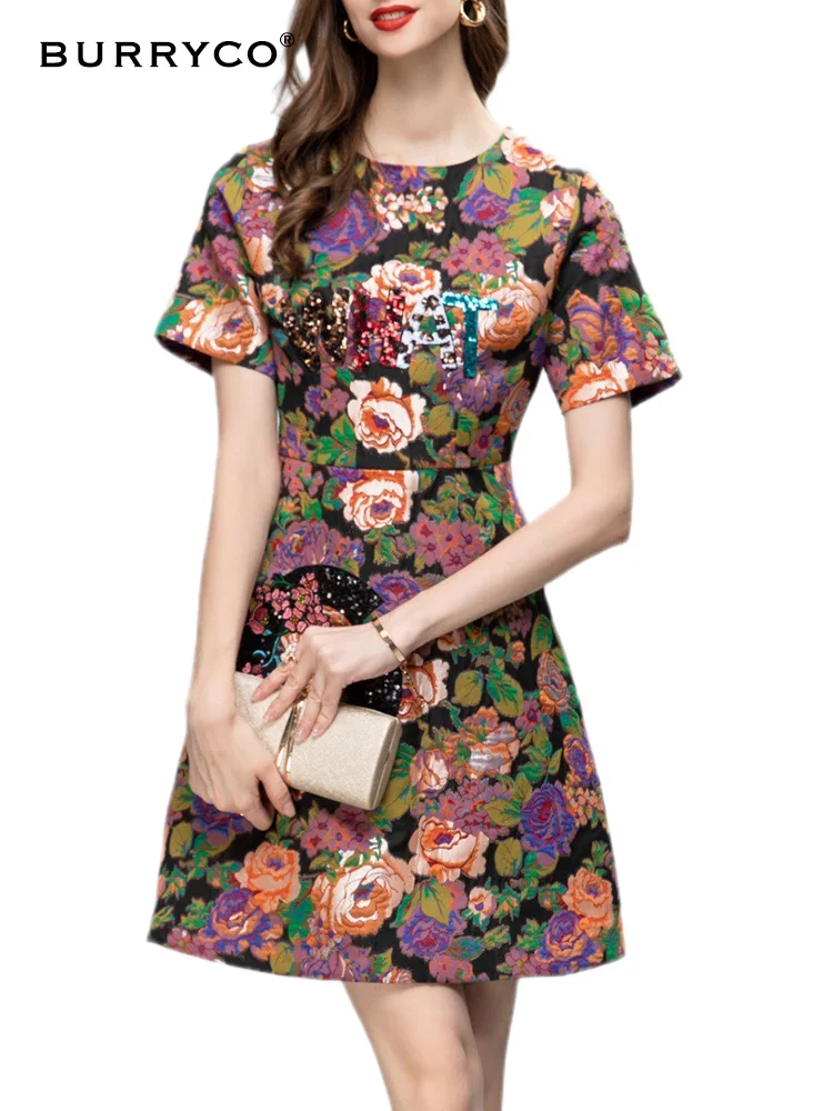 

BURRYCO Women's New 2023 Summer Luxury Style Sequin Beaded Print Waist Pulling Dress