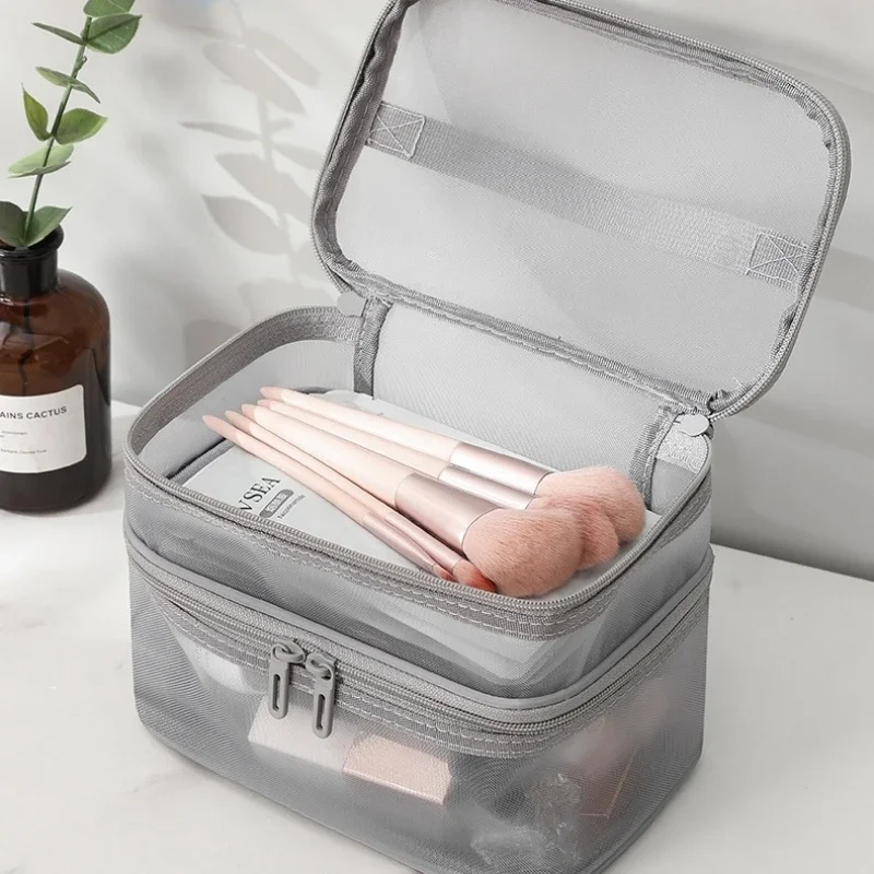 Travel Mesh Wash Storage Bag Makeup Organizer Cosmetics Make Up Skincare Box Plastic Container Handbag For Women Men Bathroom 3