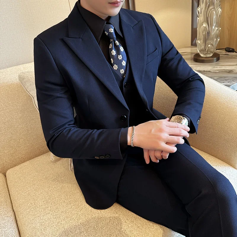 

High-end wool (suit + vest + trousers) Stylish handsome men's business casual Tencel bridegroom wedding dress three-piece set