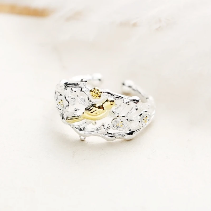 WYEAIIR 925 Sterling Silver Bird Branch Literary Wide Face Resizable Opening Ring For Women Luxury Jewelry