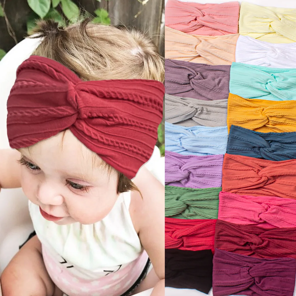 Newborn Headband Baby Girls Solid Color Nylon Jacquard Wide Cross Bandana Birthday Party Baby Accessories 0~6 Years Old baby girl double layer bowknot headband toddler soft nylon elastic turban kids gray headwear princess party hair bands for baby