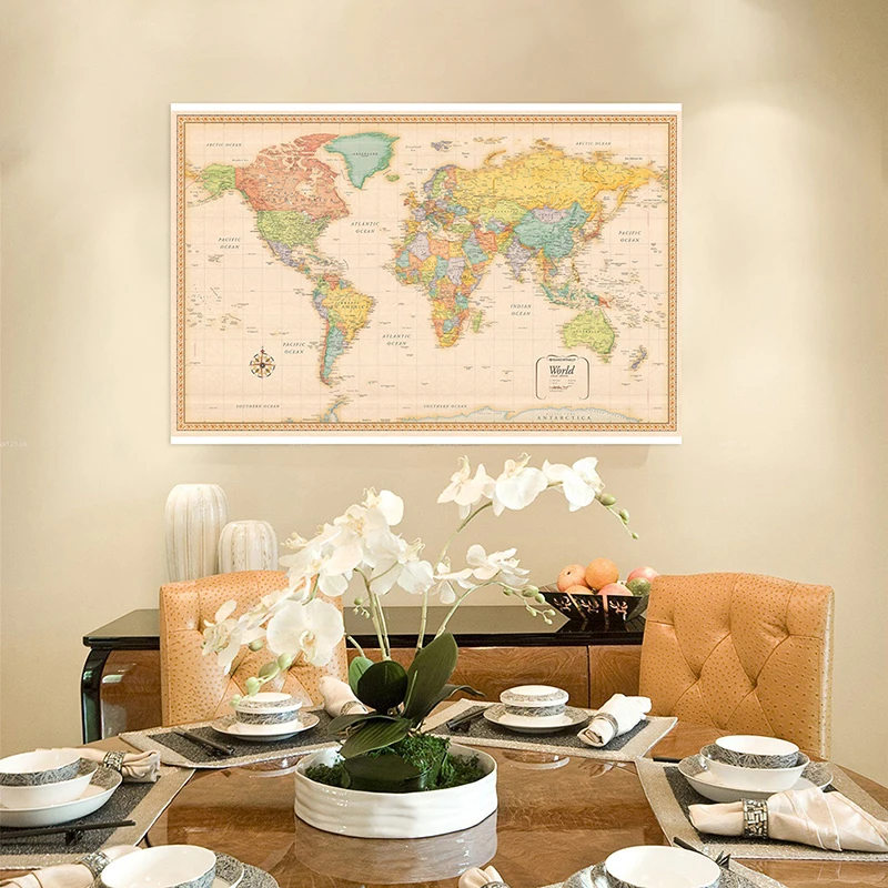 150*90cm The World Political Map Classic Vintage Non-woven Canvas Painting Wall Art Poster for Home Decor School Supplies