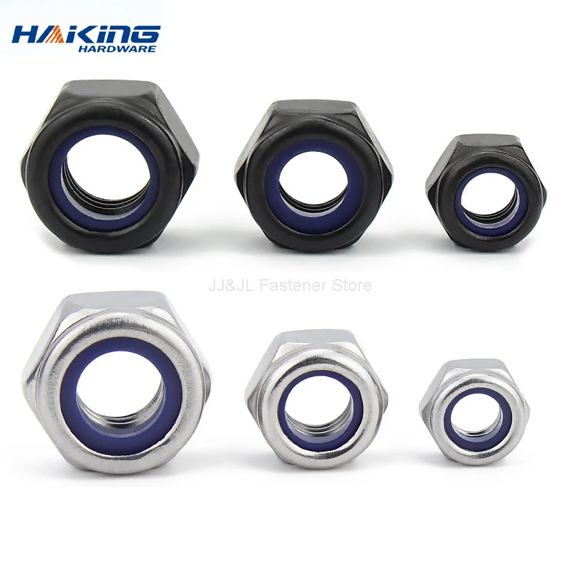 2/5/25pcs M2 M2.5 M3 M4 M5 M6 M8 M10 M12 M16 304 Stainless Steel Black Hex Nylon Insert Lock Nut Self-locking Nylock Nut Locknut