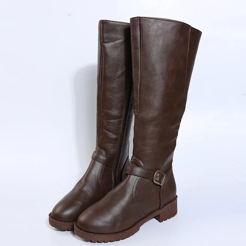 Bottes vintage marron genou cuir PU - Grandes tailles talons bas pêche automne hiver