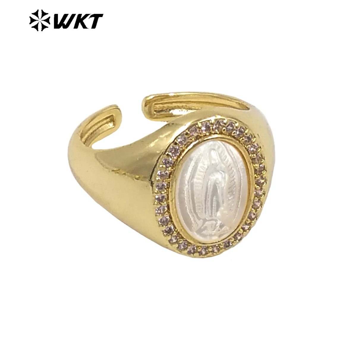 

WT-MR020 WKT Charming Gold Plated Ring Virgin Mary Motif Oval Zircon Inlay White Shell Ring Girl Jewelry Accessories