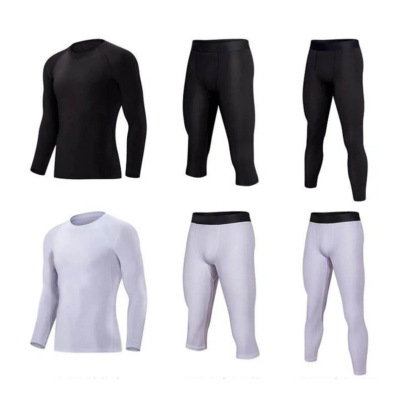 

White and Black Long Sleeve Compression for Kids Youth Adult Unisex Sports Undershirt and Full Leggings 3/4 Length Clothes Set