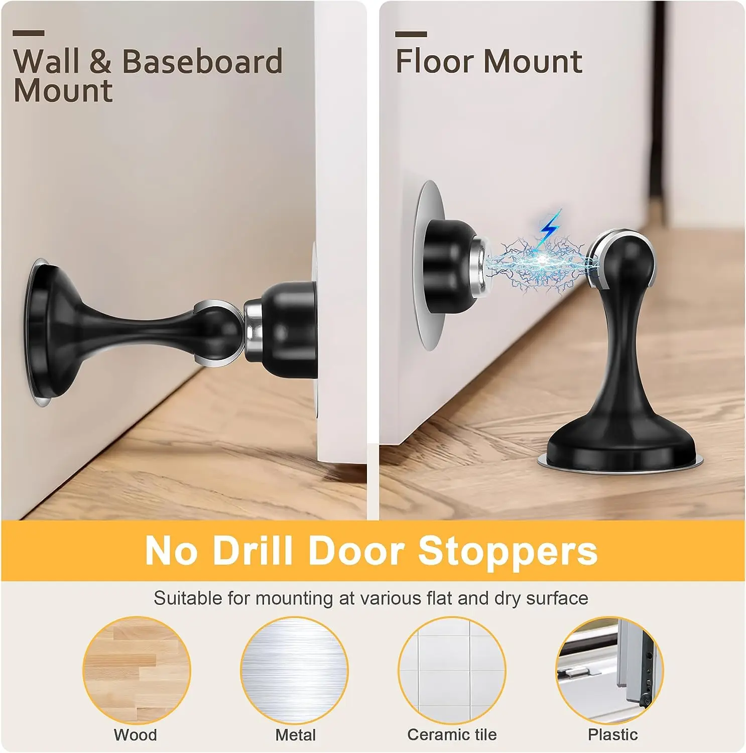 Magnetic Door Stopper Stainless Steel No Drilling Wall Mount Anti-Slip Keep Open