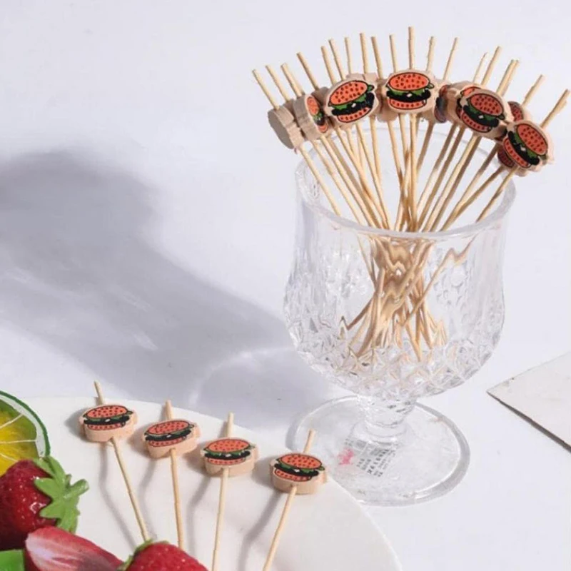 Bamboo Food Picks 100Pcs Burger Decorated Fruit Sticks Snack Skewers Party Buffet Sandwich Decoration