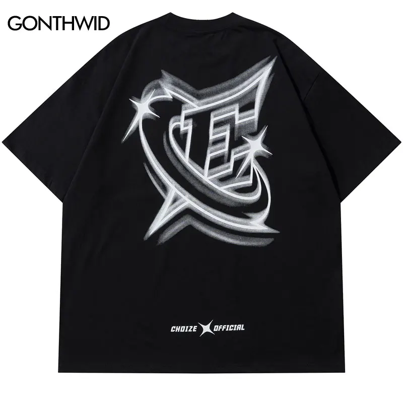 Men Streetwear Tshirt Letter Star Aesthetic Graphic T-Shirt Oversized Black Casual T Shirt 2023 Harajuku Hip Hop Tops Tee Cotton