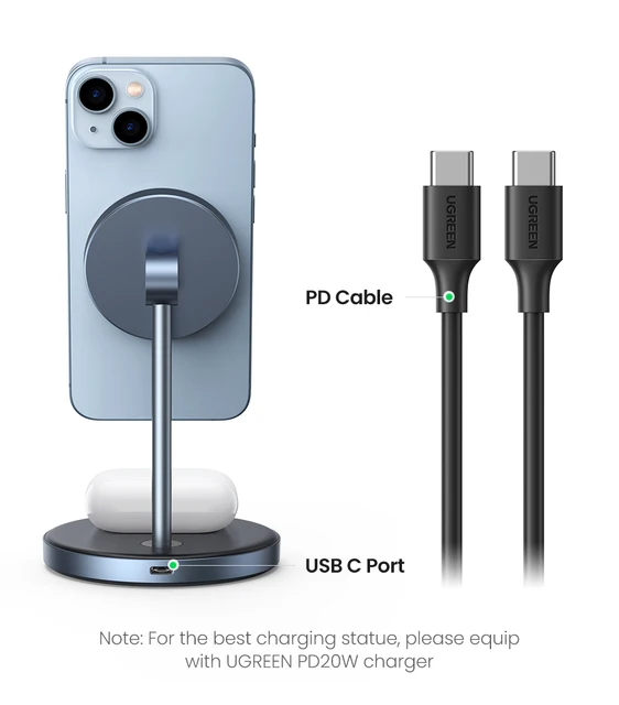 UGREEN 2-in-1 Magnetic Wireless Charging Station, Compatible with MagSafe  Charging Stand, Wireless Charger with 3 FT USB-C Cable for iPhone 15 14 13