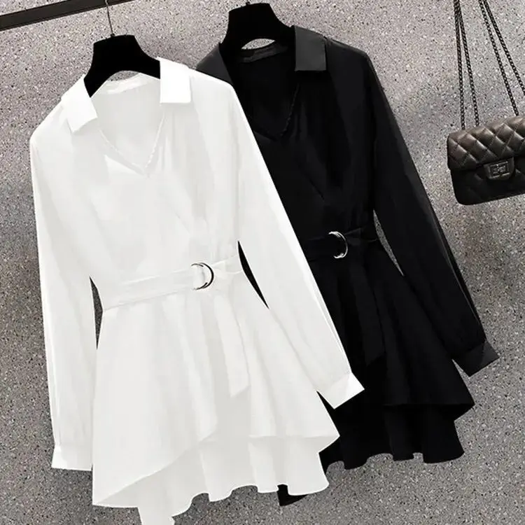 

Oversized women's clothing, stylish waistband, slimming shirt, women's new spring coverage, versatile and age reducing shirt