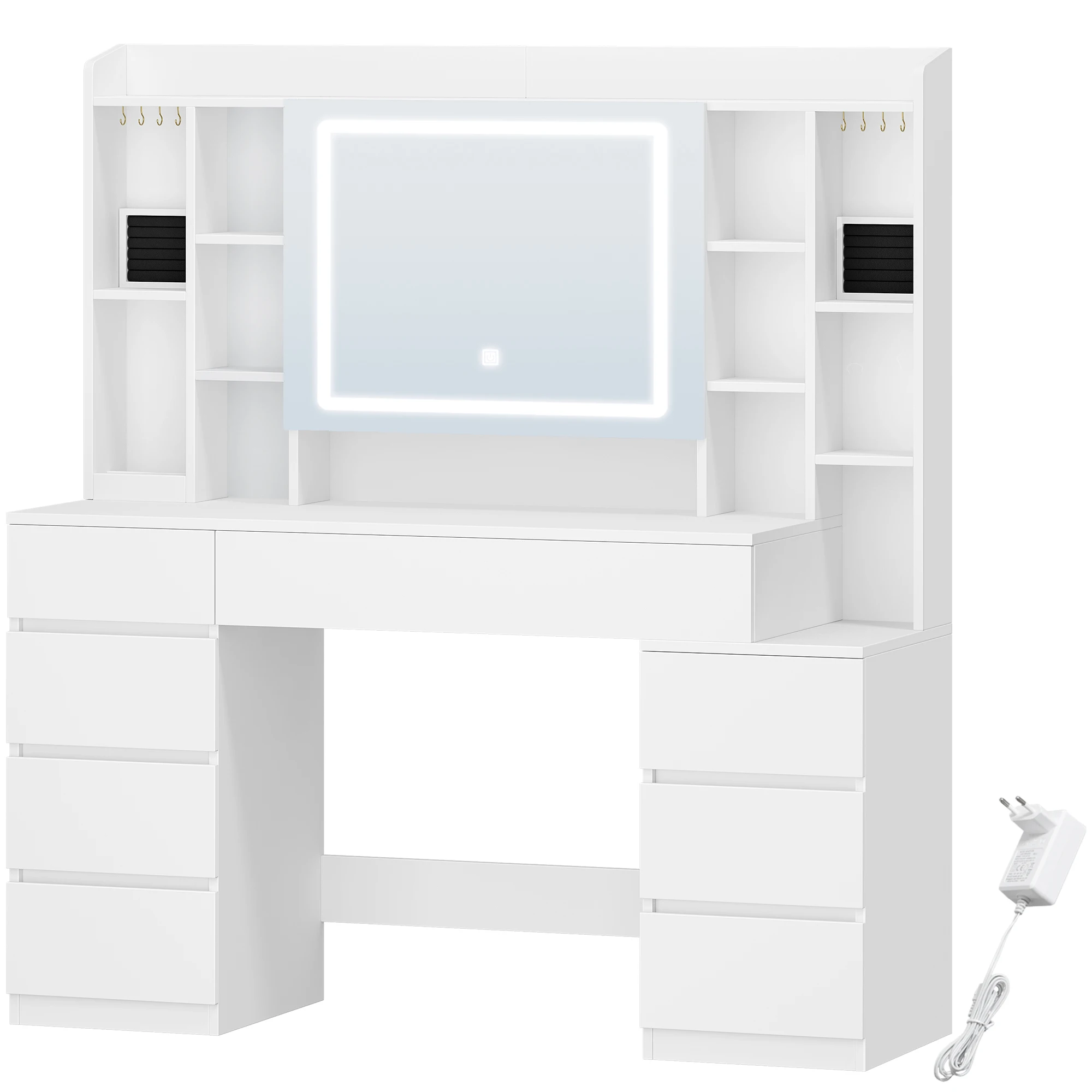 120 cm Schminktisch mit Spiegel, großem Spiegel, Schminktisch mit 8 Schubladen und 11 offenen Fächern, integriertes Schmucktablett
