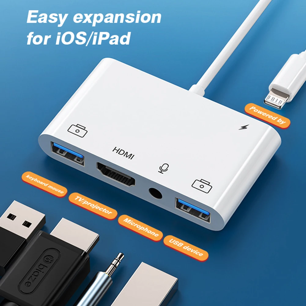 Lightning to HDMI Adapter Byscoon Lightning to HDMI Digital Av Adapter Dual USB/OTG Hub iPhone/iPad to 1080p TV Mic Audio Live-Stream Converter