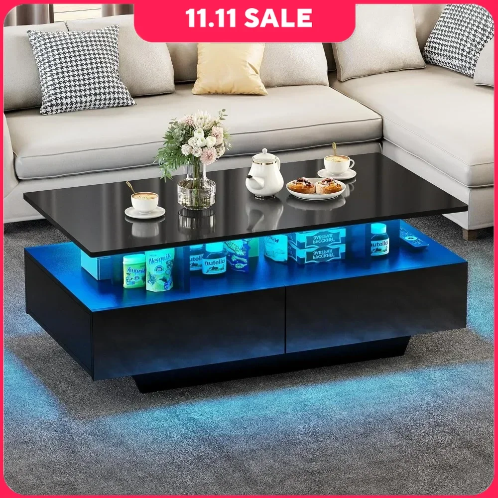 LED coffee table with storage Living room High gloss LED coffee table Small center table with open display stand
