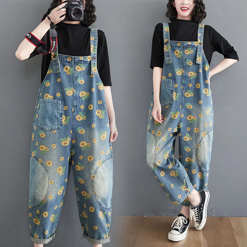 

2024 Spring Denim Jumpsuit Women Harajuku Washed Blue Suspender Jeans Vintage Print Wide-Leg Overalls Female Casual Romper T074