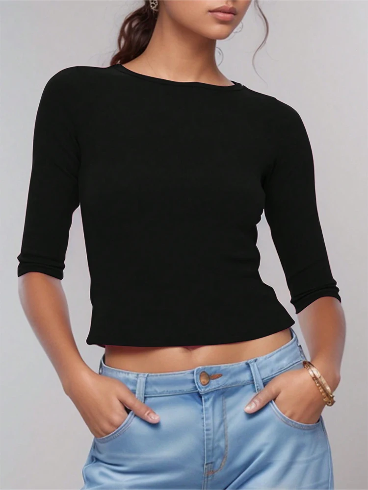 Damen-T-Shirt mit schmaler Passform und Rundhalsausschnitt im Y2K-Stil, kurzärmelig, einfarbig, modisches Modell, Top mit sieben Punkten