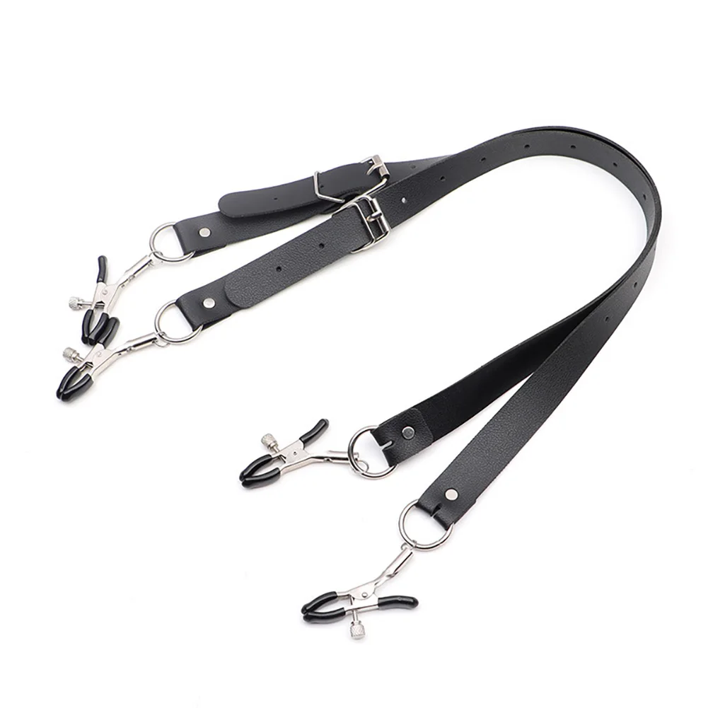 Sexy Black Leather Strap Harness Nipple Clamps Slave Fetish Bondage Restraints Clips Erotic Accessories Sex Toys