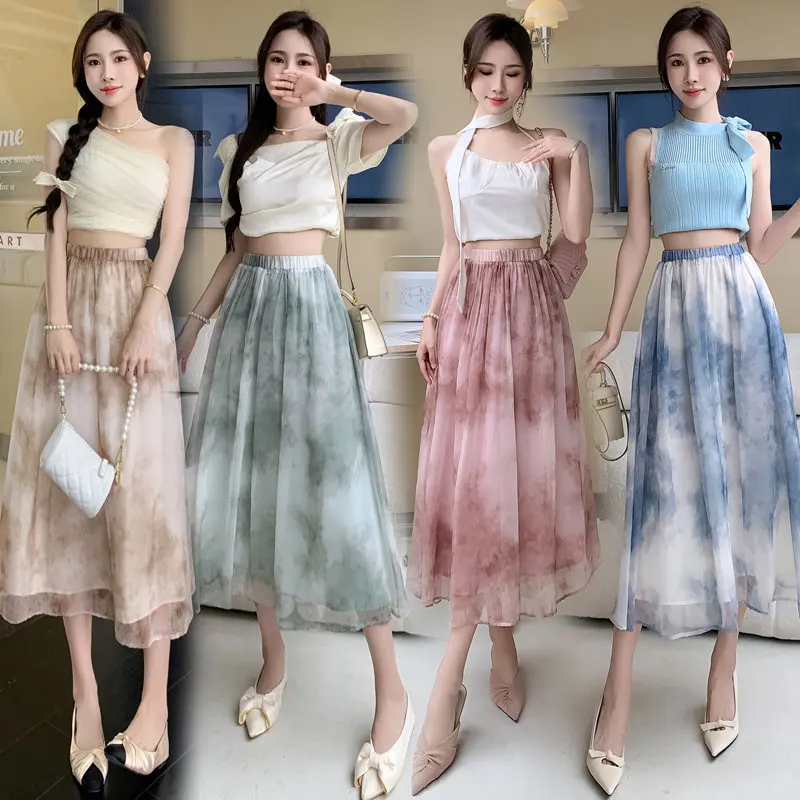 Korean Fashion Tie Dye Chiffon Voile Skirt Women Casual Elastic High Waist Spring Summer Party Midi Long Skirts Ladies spring plaid muslim woman voile maxi scarf for ladies fashion women grid hijabs fashion tassel stole silver glitter scarfs hijab