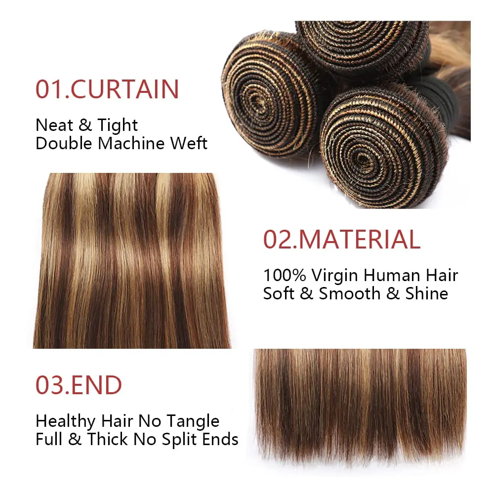 P4/27 Honey Blonde Bundles Bone Straight Human Hair Highlight Brazilian Hair Extensions Double Weft Bundles Remy