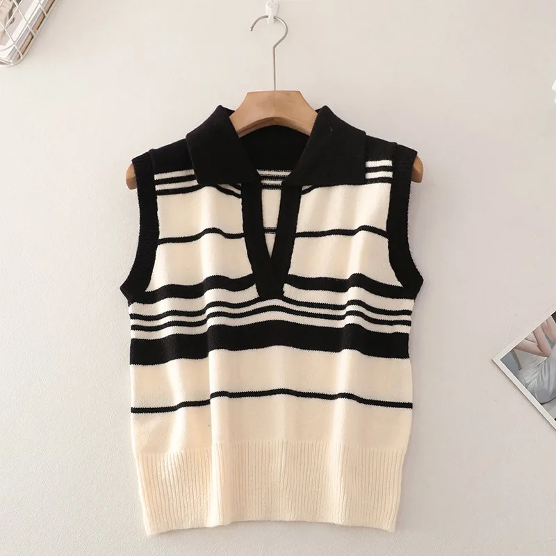 

Turn-down Collar Women's Sweater Vest Vintage Striped Sleeveless Korean Style Casual Tank Tops Female