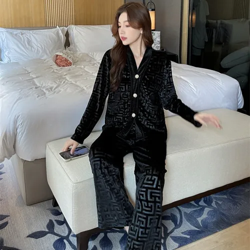 QSROCIO 여성용 벨벳 잠옷 세트, 프레스 스트라이프 패턴, 캐주얼 홈웨어, V넥 잠옷 3