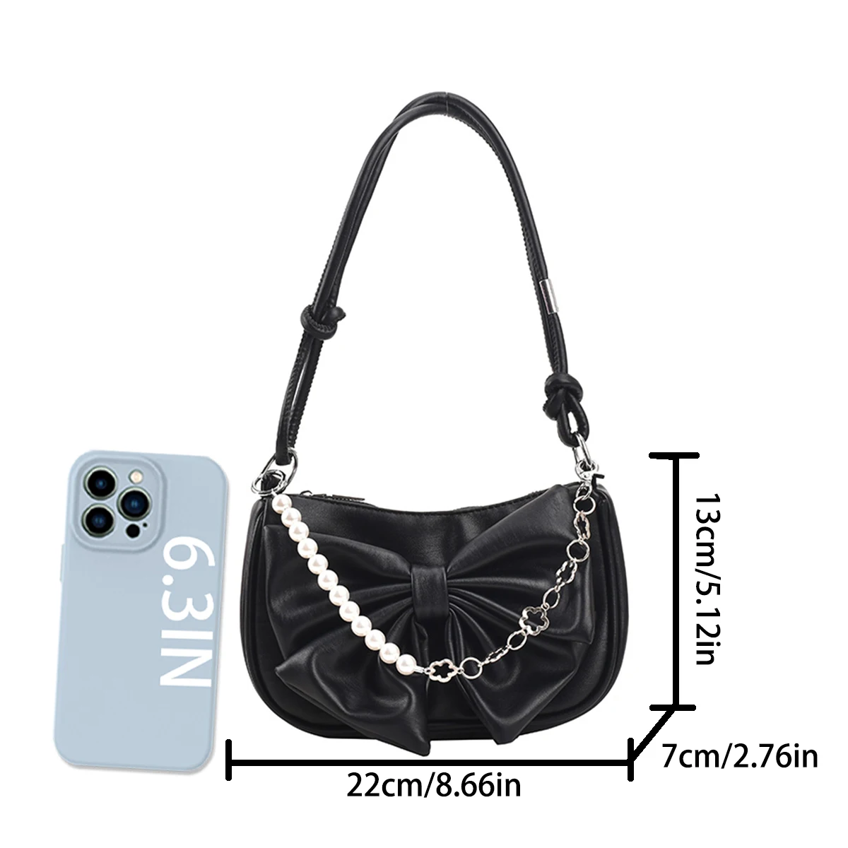 VVRPWASSLY Women's PU Leather Bow & Pearl Chain Handbag | Small Tote Crossbody Shoulder Bag Kawaii Style