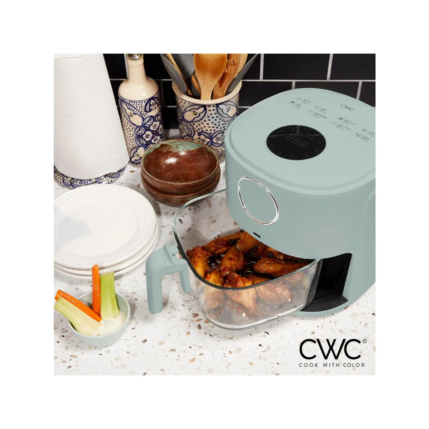 Colorful 1200W 4Qt Air Fryer: Glass Basket, Dishwasher Safe, 60min Timer, 6 Presets, Temp Control 175F-400F, 4 QT, Sage 4