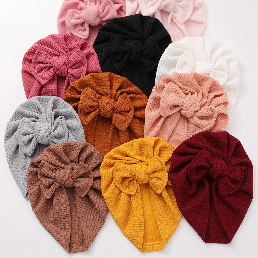 Solid Bow Turban Baby Hat Crochet Newborn Beanies Hospital Bonnet Waffle Knitted Cap Headwear Kids Hair Infant Headwraps