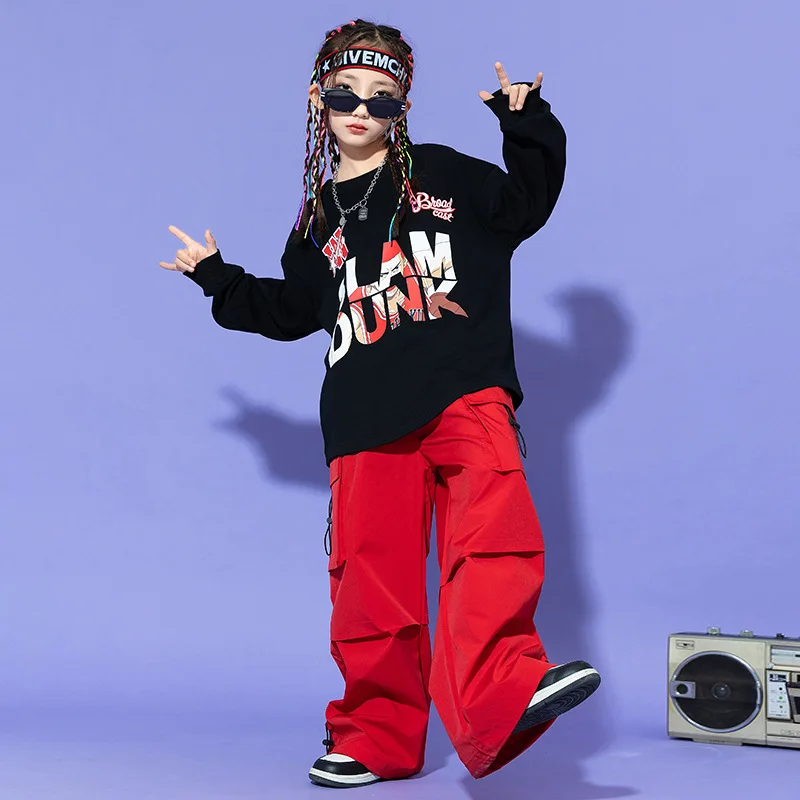 Dziecięce Hip-hopowe modny kostium dziewczęca z długimi rękawami czerwone spodnie Cargo dziecięce stroje do tańca jazzowego odzież sportowa stroje sceniczne