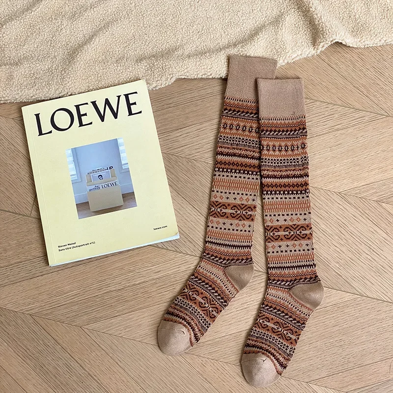 Vintage Women Stockings JK Japanese Fashion Cotton Knitted Girls Long Socks Stockings Ethnic Harajuku Retro Knee Socks Stockings