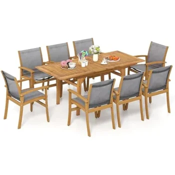 Set da pranzo da esterno in legno di acacia per 6-8 persone con tavolo e sedie espandibili, dotato di foro per ombrellone da 1,97 pollici e design traspirante 1