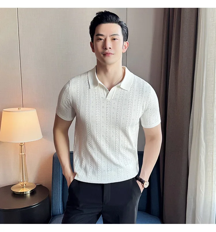 Men's Polo Shirt, Striped Jacquard Knit Short Sleeve, T-shirt V-neck Solid Color Elastic Top 2024. M-3XL,Summer Purple Thin 17 S783604a50e544254ae107d0564cd53e3E