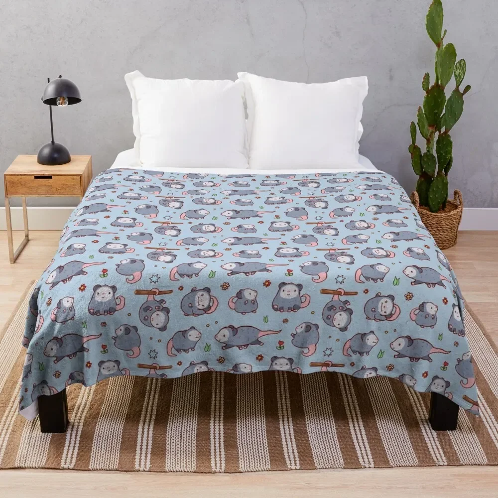 

Cute opossum pattern in blue and grey colours, kawaii opossum Throw Blanket For Sofa Thin Soft Beds Blankets
