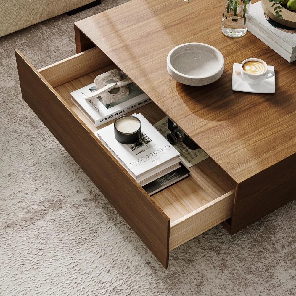 Modern Square Coffee Table with Storage, 35.43" Wood Coffee Table for Living Room Table Walnut, Fully Assembled 4