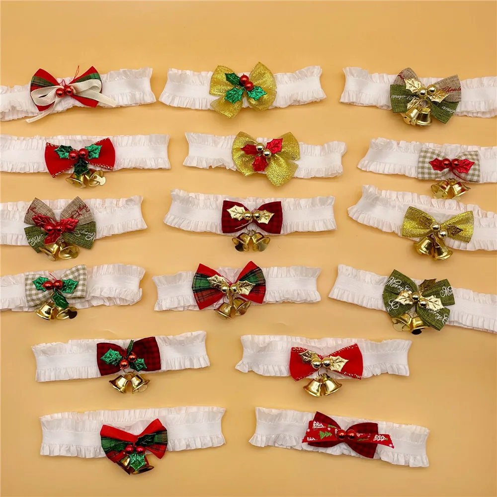 50pcs Christmas Bell Bow Tie Pet Dog Accessories Elastic Band Bowties Mixcolor Bowknot Small Dog Cat Puppy Xmas Supplies