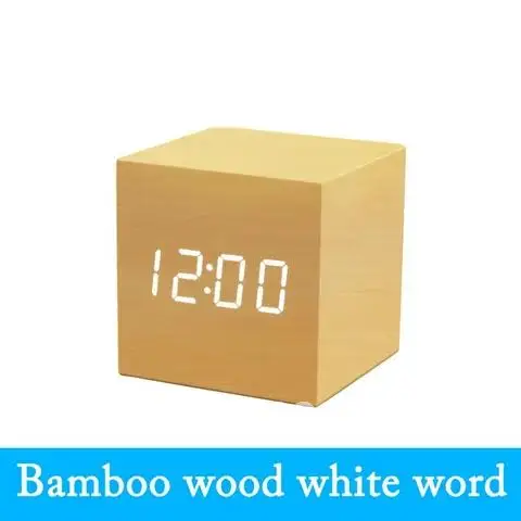 

Wooden Retro LED Alarm Clock Small Square Digital Glow Clock Desktop Table Decor Voice Control Snooze Function Desk Tools