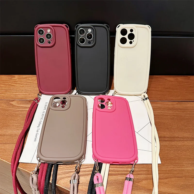 Crossbody Lanyard Case For iphone 15 14 13 12 11 Pro Max XS X XR 8 7 Plus SE 2 3 Shockproof Solid Color Silicone Soft_voghion.com