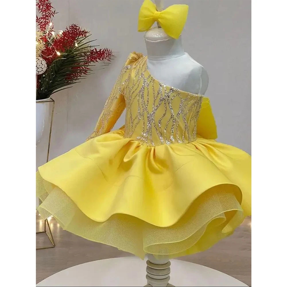 GoldFlowerGirlDresseswithSequinedOneShoulderTiered2023Summer