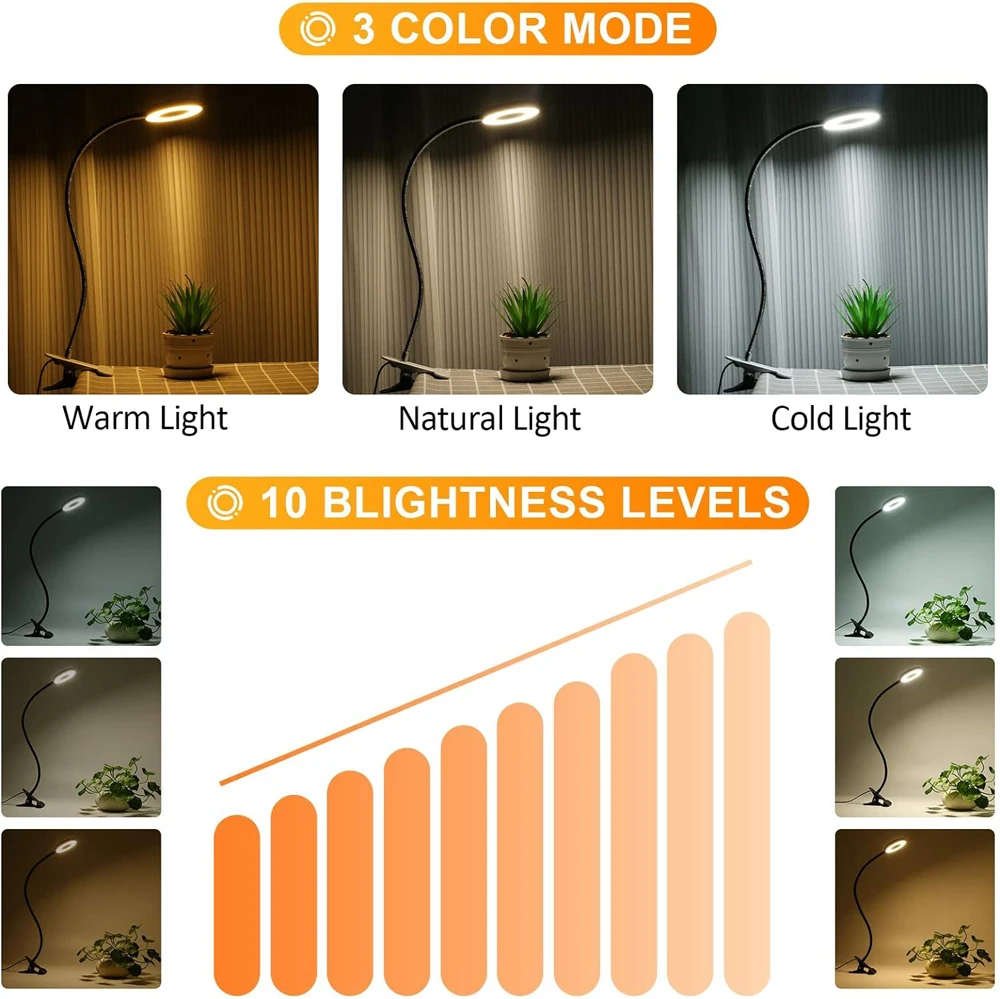 LED Reading Lights 360°Flexible Gooseneck Dimmable Table Lamp Clip On Indoor Bedroom Eye Protection Desk Light Book Clamp Lamp 5